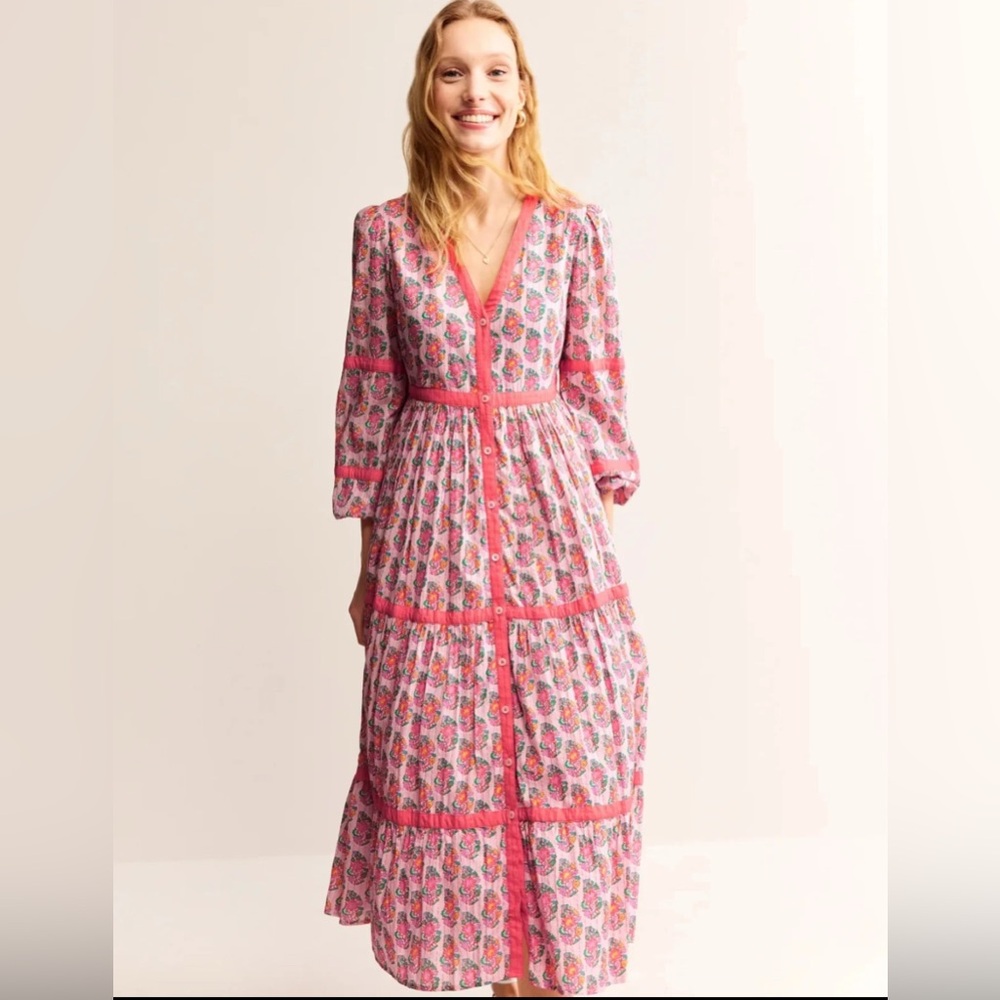 Boden Long Sleeve Maxi Dress 12P Boho Peasant Hippie Pink Floral Cotton Metallic